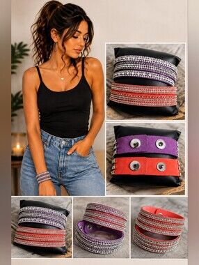 Faux Suede Snap-On Bling Bracelet Bundle | Purple & Orange Rhinestone